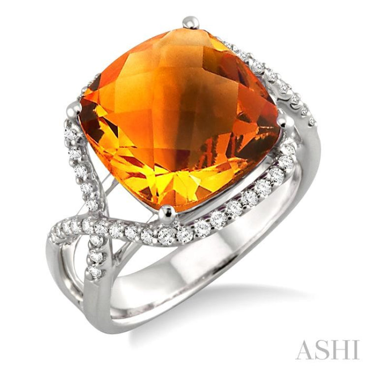 12x12mm Cushion Cut Citrine and 1/3 Ctw Round Cut Diamond Semi Precious Ring in 14K White Gold