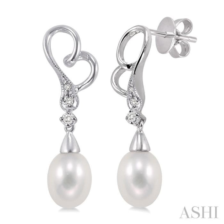 8x6MM Cultured Pearls and 1/20 Ctw Round Cut Diamond Earrings in 14K White Gold