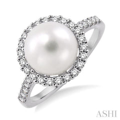 9x9MM Cultured Pearl and 3/8 Ctw Round Cut Diamond Ring in 14K White Gold