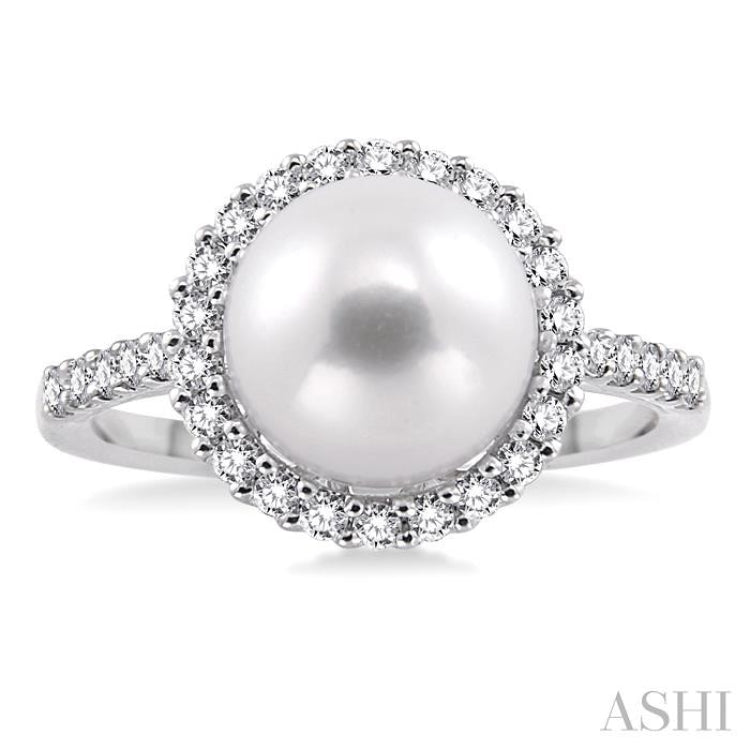 9x9MM Cultured Pearl and 3/8 Ctw Round Cut Diamond Ring in 14K White Gold