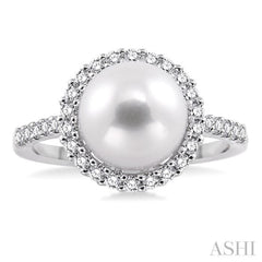 9x9MM Cultured Pearl and 3/8 Ctw Round Cut Diamond Ring in 14K White Gold