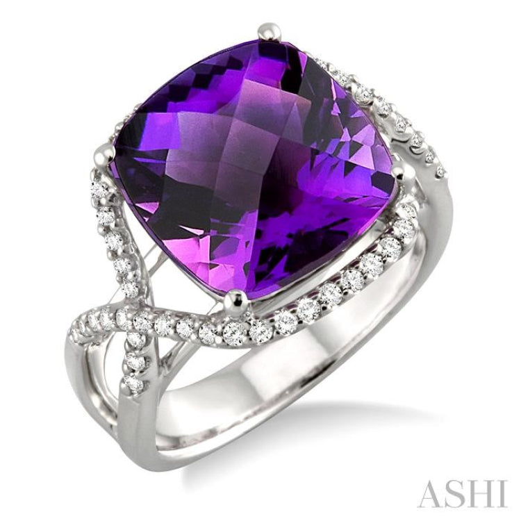 12x12mm Cushion Cut Amethyst and 1/3 Ctw Round Cut Diamond Semi Precious Ring in 14K White Gold