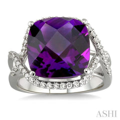 12x12mm Cushion Cut Amethyst and 1/3 Ctw Round Cut Diamond Semi Precious Ring in 14K White Gold