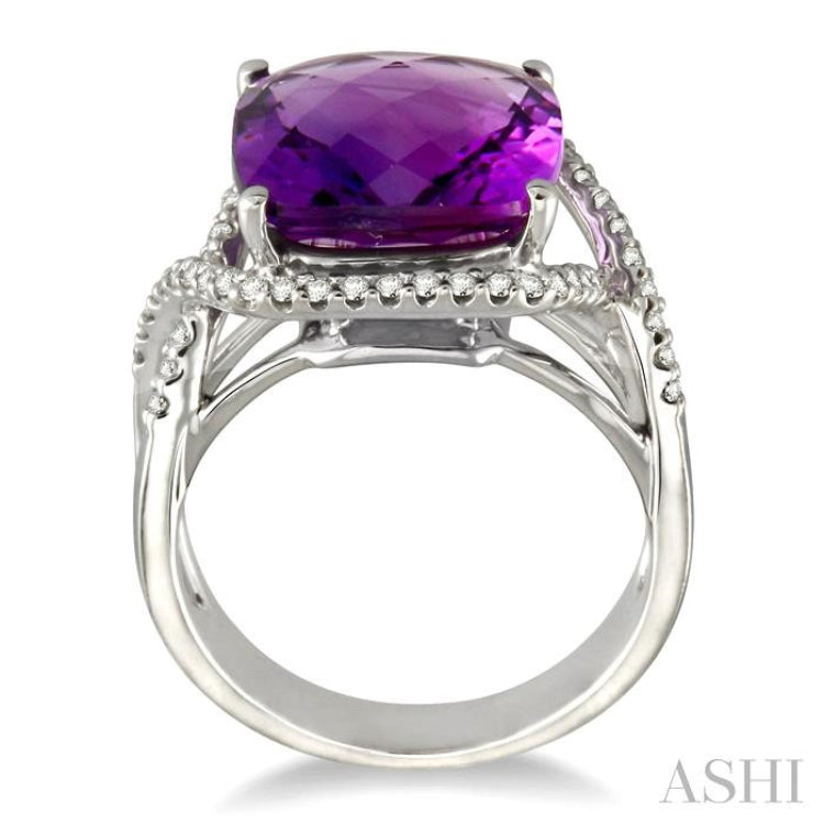 12x12mm Cushion Cut Amethyst and 1/3 Ctw Round Cut Diamond Semi Precious Ring in 14K White Gold