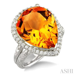 16x13mm Pear Shape Citrine and 1/3 Ctw Round Cut Diamond Semi Precious Ring in 14K White Gold