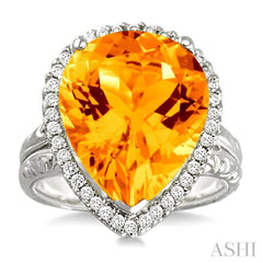 16x13mm Pear Shape Citrine and 1/3 Ctw Round Cut Diamond Semi Precious Ring in 14K White Gold