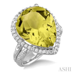 16x13mm Pear Shape Lemon Quartz and 1/3 Ctw Round Cut Diamond Semi Precious Ring in 14K White Gold