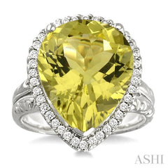 16x13mm Pear Shape Lemon Quartz and 1/3 Ctw Round Cut Diamond Semi Precious Ring in 14K White Gold