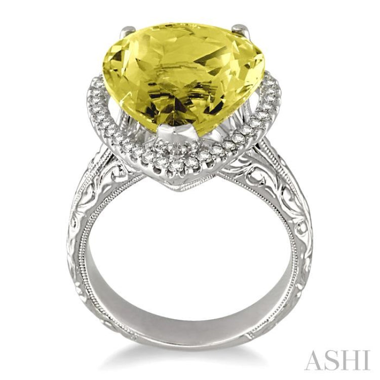 16x13mm Pear Shape Lemon Quartz and 1/3 Ctw Round Cut Diamond Semi Precious Ring in 14K White Gold