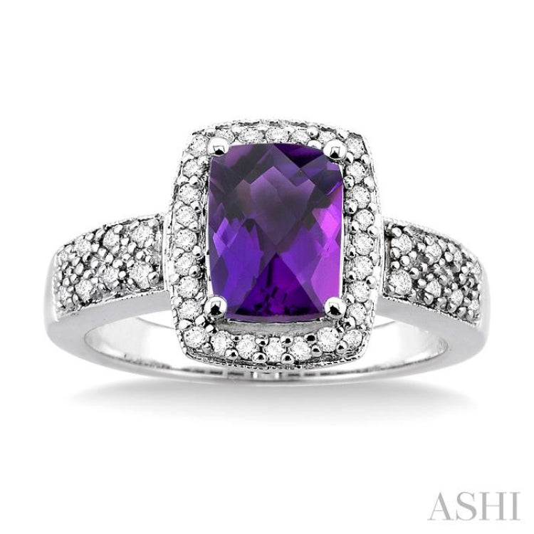 8x6 MM Cushion Shape Amethyst and 1/3 Ctw Round Cut Diamond Ring in 14K White Gold