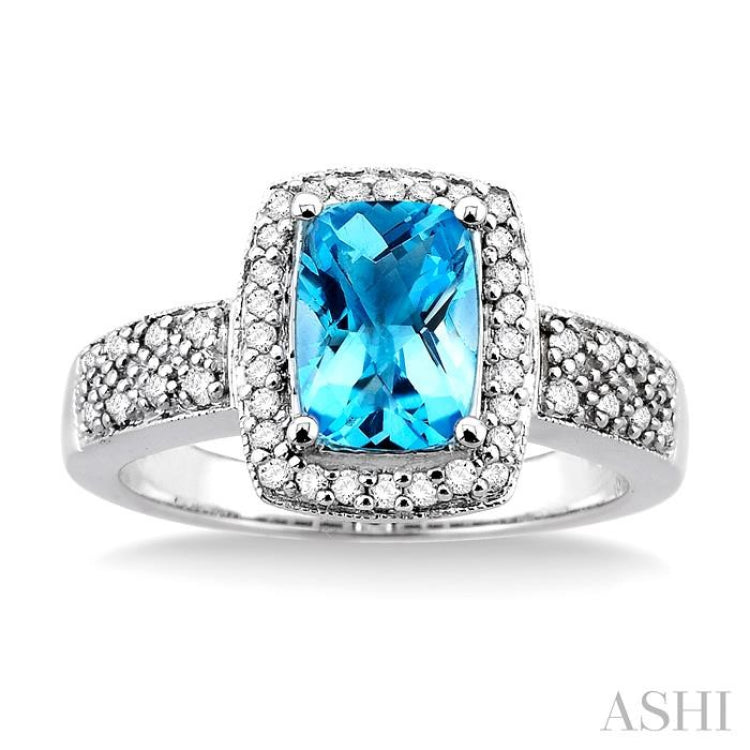 8x6 MM Cushion Shape Blue Topaz and 1/3 Ctw Round Cut Diamond Ring in 14K White Gold