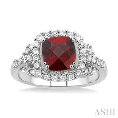 7x7mm Cushion Shape Garnet and 1/2 Ctw Round Cut Diamond Ring in 14K White Gold