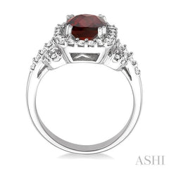 7x7mm Cushion Shape Garnet and 1/2 Ctw Round Cut Diamond Ring in 14K White Gold