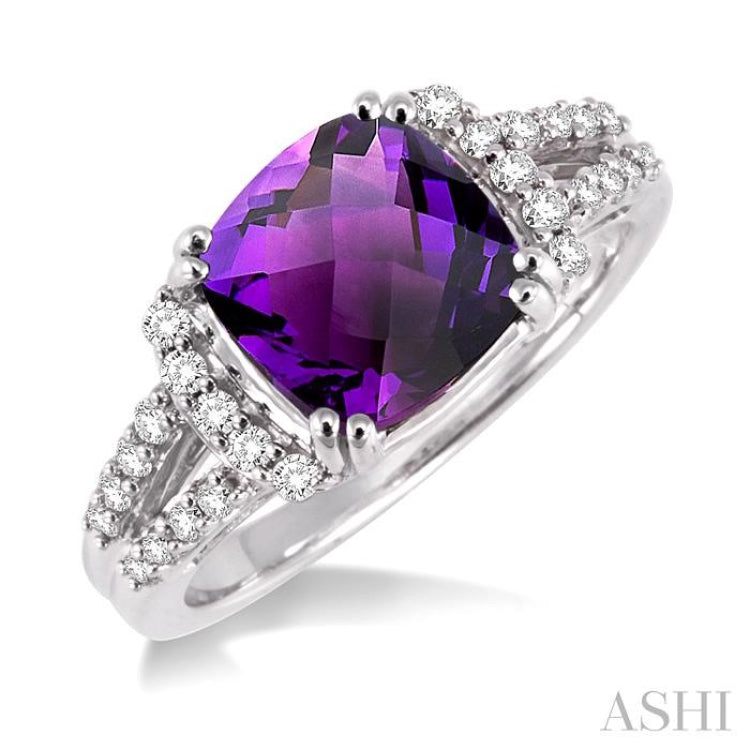 8x8 MM Cushion Shape Amethyst and 1/4 Ctw Round Cut Diamond Ring in 14K White Gold