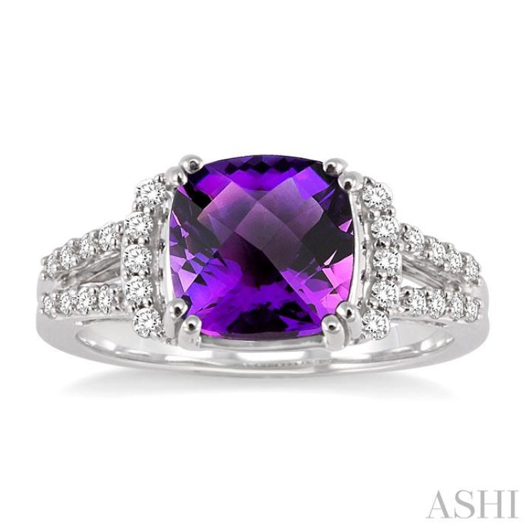 8x8 MM Cushion Shape Amethyst and 1/4 Ctw Round Cut Diamond Ring in 14K White Gold