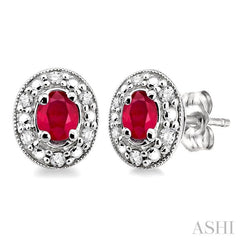 4x3 MM Oval Shaped Ruby and 1/10 Ctw Single Cut Diamond Earrings in 10K White Gold