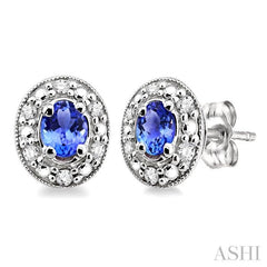 4x3 MM Oval Shaped Tanzanite and 1/10 Ctw Single Cut Diamond Earrings in 10K White Gold