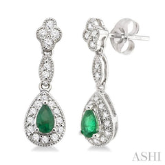 5x3 MM Pear Shape Emerald and 1/3 Ctw Round Cut Diamond Earrings in 14K White Gold