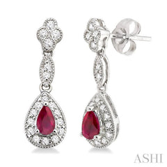 5x3 MM Pear Shape Ruby and 1/3 Ctw Round Cut Diamond Earrings in 14K White Gold