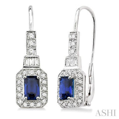 6x4 MM Emerald Shape Sapphire and 1/2 Ctw Baguette and Round Cut Diamond Earrings in 14K White Gold