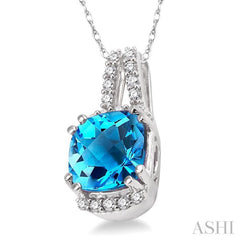 8x8 MM Cushion Shape Blue Topaz and 1/5 Ctw Round Cut Diamond Pendant in 14K White Gold with Chain