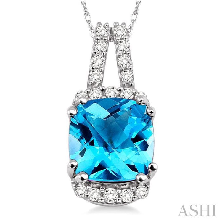 8x8 MM Cushion Shape Blue Topaz and 1/5 Ctw Round Cut Diamond Pendant in 14K White Gold with Chain