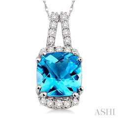 8x8 MM Cushion Shape Blue Topaz and 1/5 Ctw Round Cut Diamond Pendant in 14K White Gold with Chain