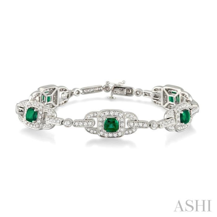 5x5mm Cushion Cut Emerald and 2 Ctw Round Cut Diamond Precious Bracelet in 14K White Gold