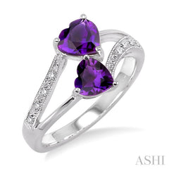 5 MM & 6 MM Heart Shape Amethyst and 1/20 Ctw Round Cut Diamond Ring in 10K White Gold