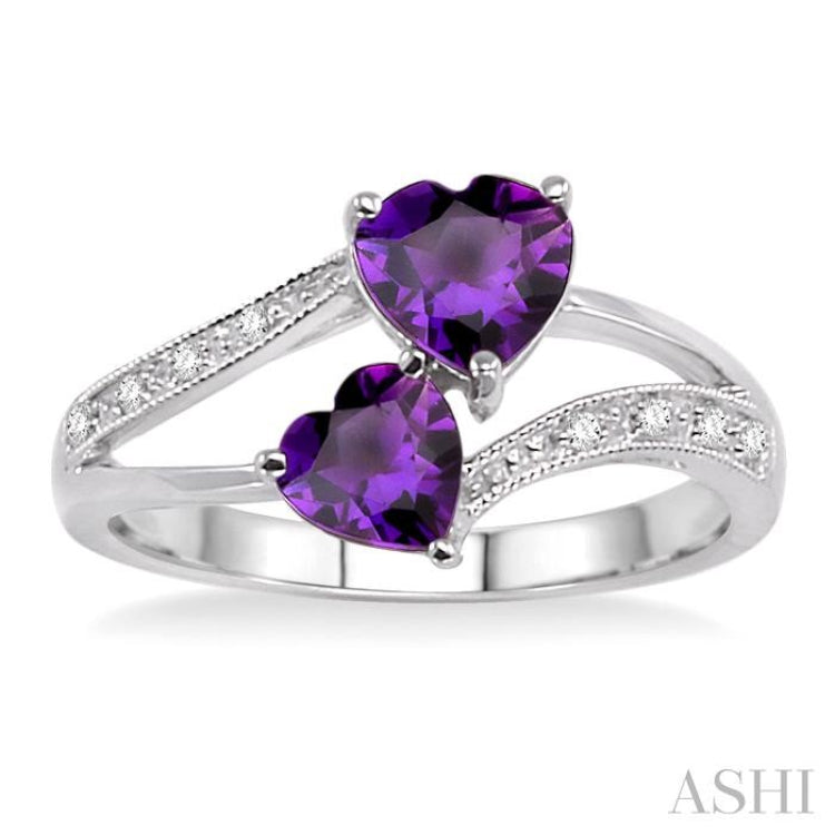 5 MM & 6 MM Heart Shape Amethyst and 1/20 Ctw Round Cut Diamond Ring in 10K White Gold