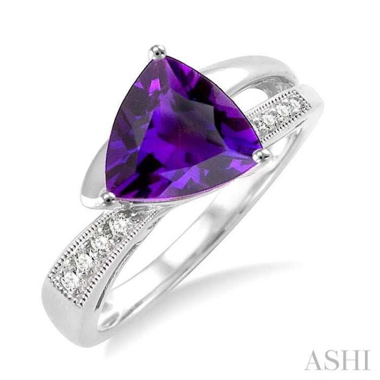 8x8 MM Trillion Cut Amethyst and 1/20 Ctw Single Cut Diamond Ring in 10K White Gold