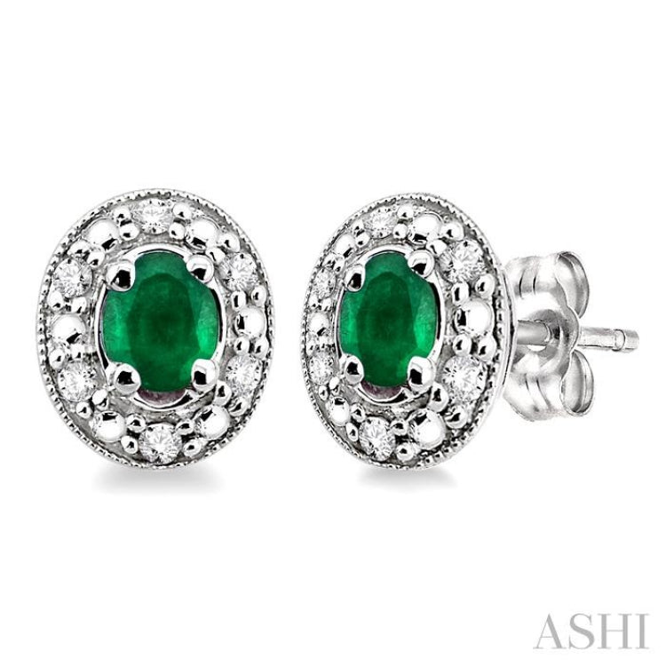 4x3 MM Oval Shaped Emerald and 1/10 Ctw Single Cut Diamond Earrings in 14K White Gold