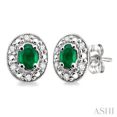 4x3 MM Oval Shaped Emerald and 1/10 Ctw Single Cut Diamond Earrings in 14K White Gold