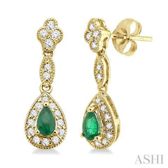 5x3 MM Pear Shape Emerald and 1/3 Ctw Round Cut Diamond Earrings in 14K Yellow Gold