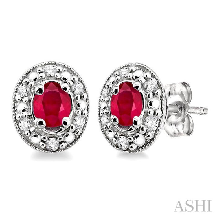 4x3 MM Oval Shaped Ruby and 1/10 Ctw Single Cut Diamond Earrings in 14K White Gold