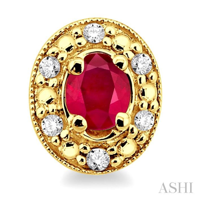 4x3 MM Oval Shaped Ruby and 1/10 Ctw Single Cut Diamond Earrings in 10K Yellow Gold