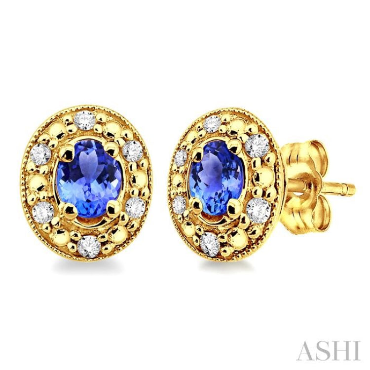 4x3 MM Oval Shaped Tanzanite and 1/10 Ctw Single Cut Diamond Earrings in 10K Yellow Gold