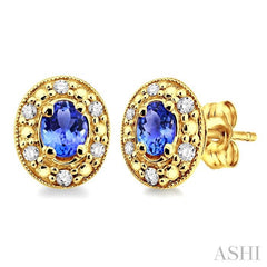 4x3 MM Oval Shaped Tanzanite and 1/10 Ctw Single Cut Diamond Earrings in 10K Yellow Gold