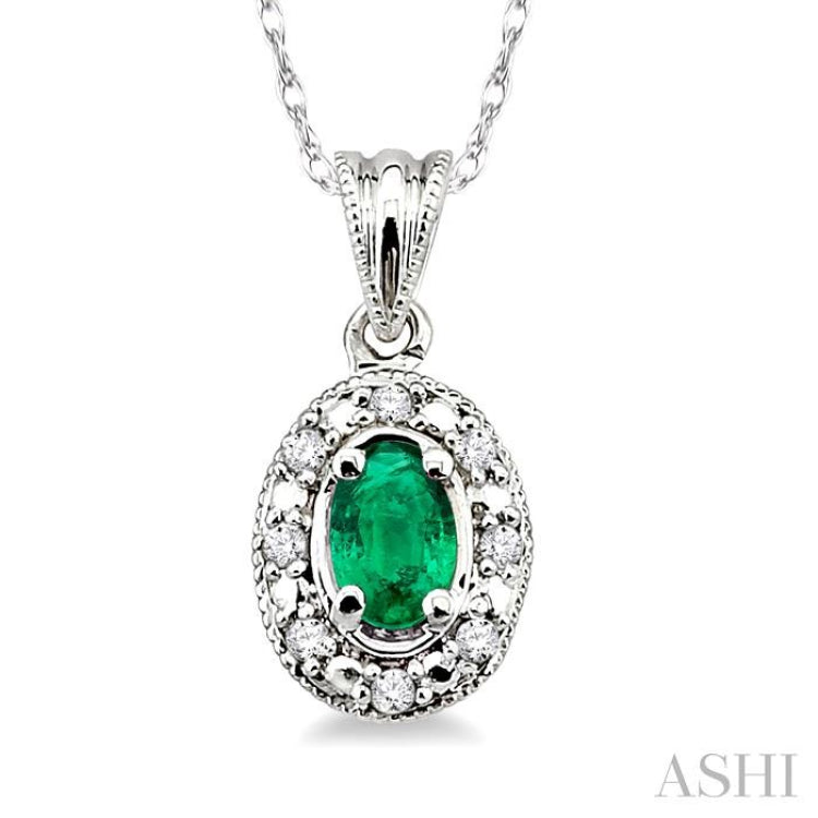 5x3 MM Oval Shape Emerald and 1/20 Ctw Single Cut Diamond Pendant in 14K White Gold with Chain