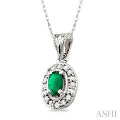 5x3 MM Oval Shape Emerald and 1/20 Ctw Single Cut Diamond Pendant in 14K White Gold with Chain