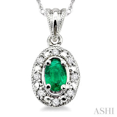 5x3 MM Oval Shape Emerald and 1/20 Ctw Single Cut Diamond Pendant in 14K White Gold with Chain