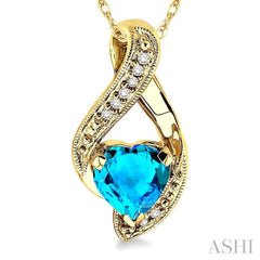 7mm Heart Shape Blue Topaz and 1/20 Ctw Single Cut Diamond Semi Precious Pendant in 14K Yellow Gold with Chain