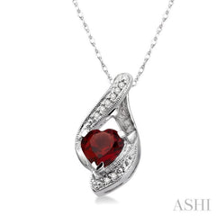 7mm Heart Shape Garnet and 1/20 Ctw Single Cut Diamond Semi Precious Pendant in 14K White Gold with Chain