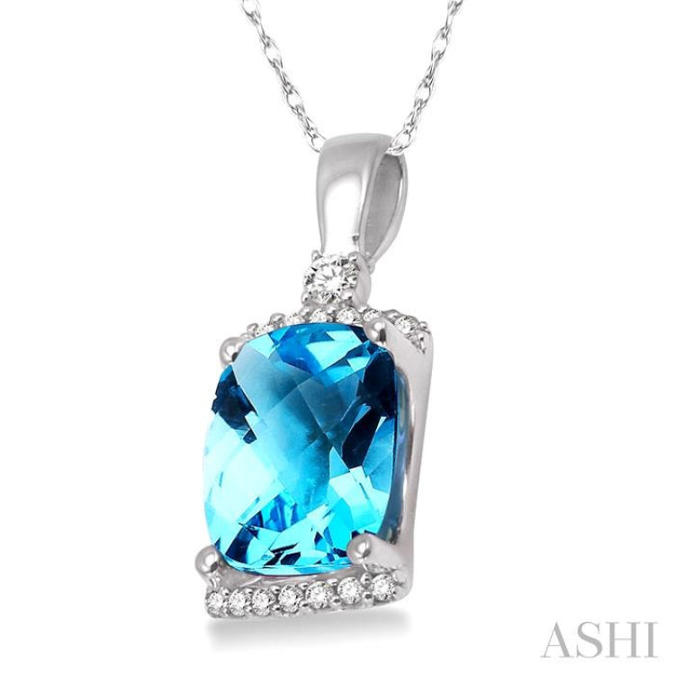 9x7 MM Cushion Shape Blue Topaz and 1/10 Ctw Round Cut Diamond Pendant in 14K White Gold with Chain