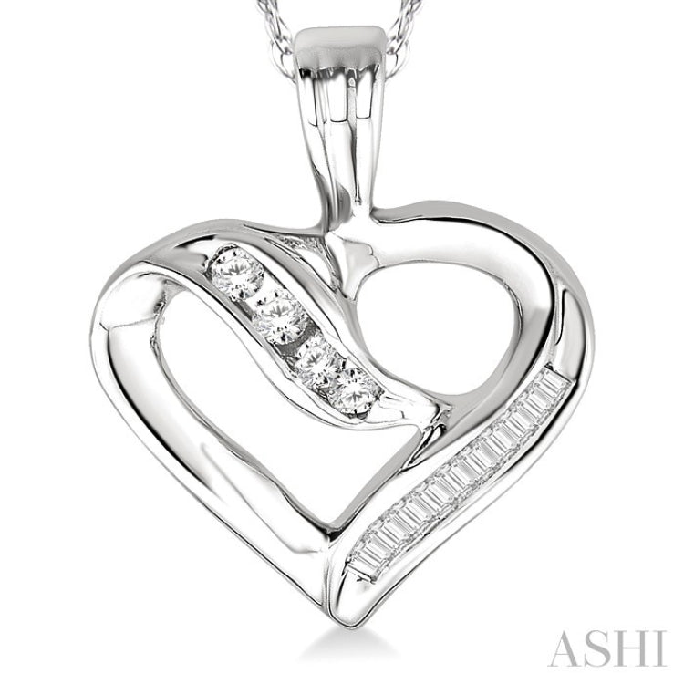 1/4 Ctw Baguettes and Round Diamond Heart Pendant in 10K White Gold with Chain