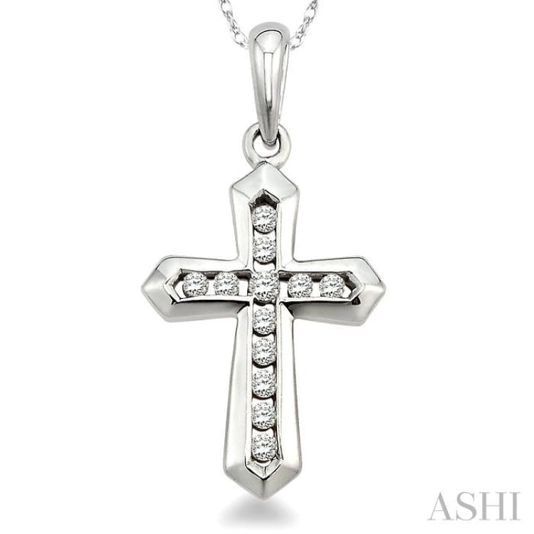 1/10 Ctw Round Cut Diamond Cross Pendant in 10K White Gold with Chain