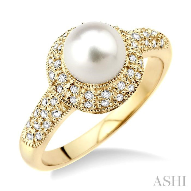 6.5 MM Cultured Pearl and 1/4 Ctw Single Cut Diamond Ring in 10K  Yellow Gold