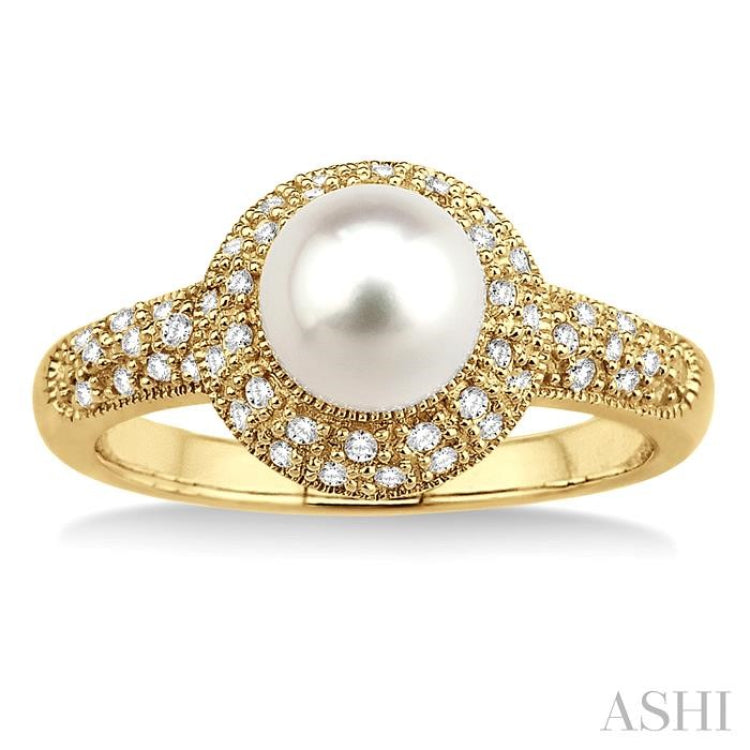 6.5 MM Cultured Pearl and 1/4 Ctw Single Cut Diamond Ring in 10K  Yellow Gold