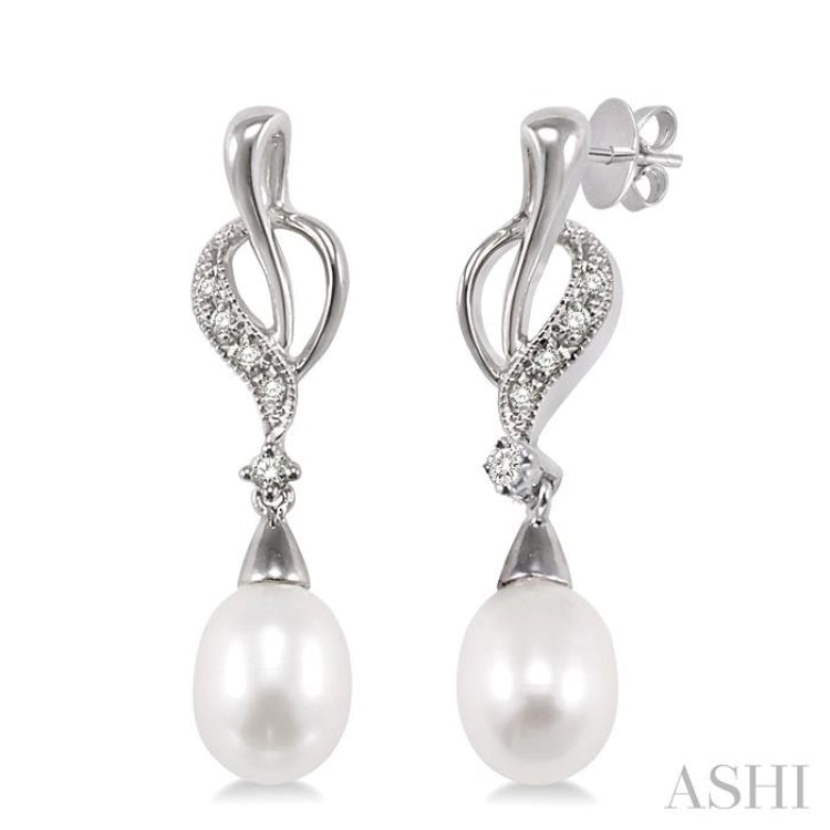 8x6MM Drop Cut Cultured Pearls and 1/10 Ctw Round Cut Diamond Drop Earrings in 10K White Gold