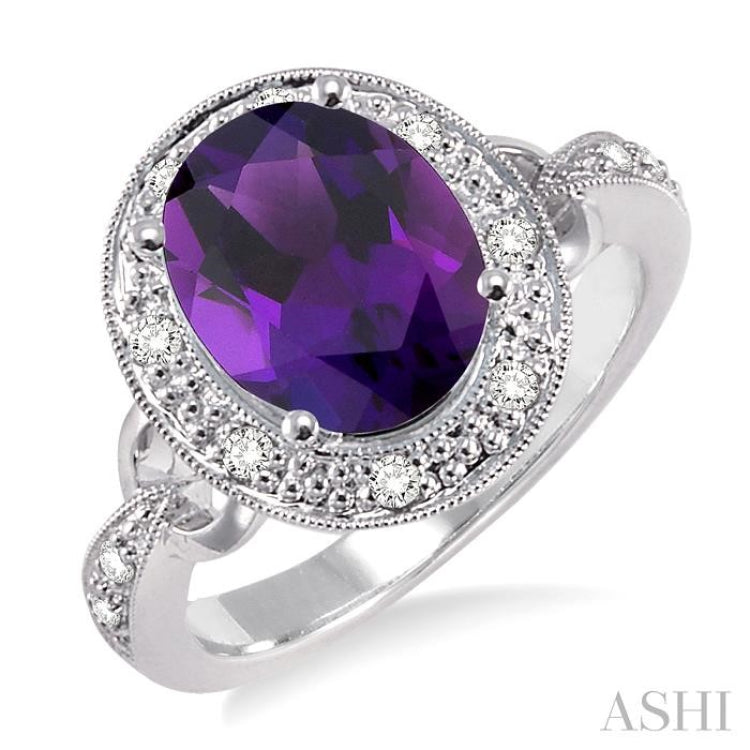 10x8mm Oval Cut Amethyst and 1/6 Ctw Round Cut Diamond Semi Precious Ring in 14K White Gold